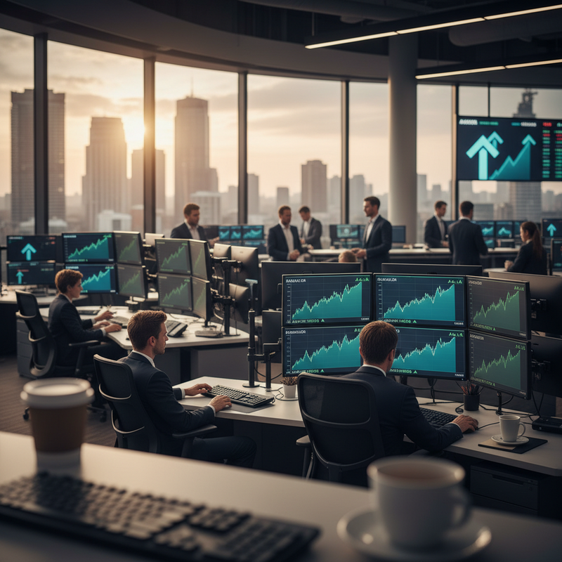 Handelsvloer met beursschermen die stijgende AEX en S&P 500 koersen tonen boven respectievelijk 1000 en 7000 punten