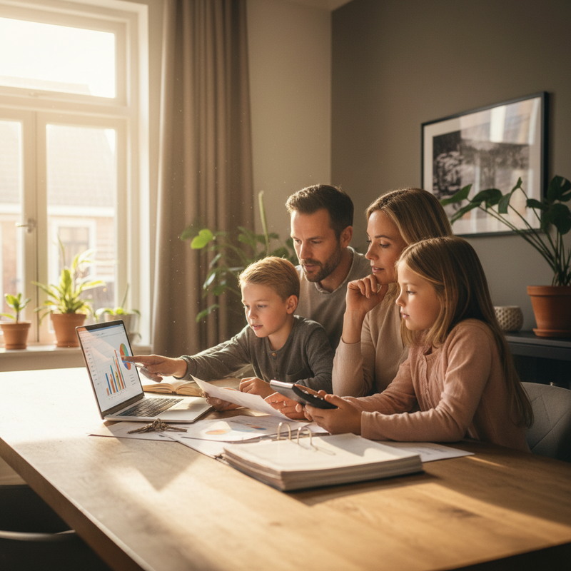 Familie bekijkt hypotheekberekeningen op laptop met documenten en sleutels op tafel
