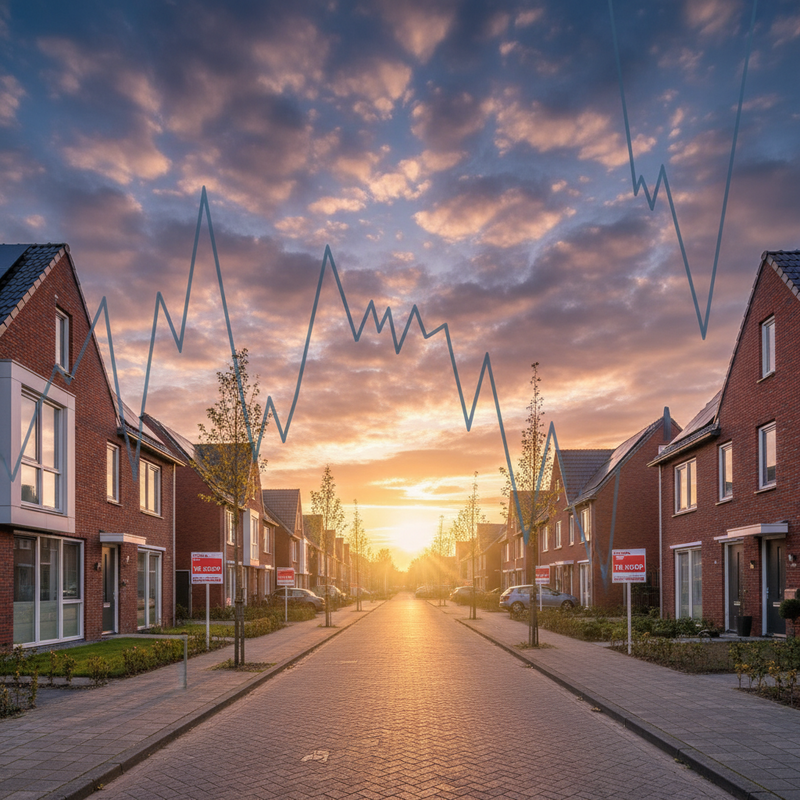 Nederlandse woonwijk met te koop borden en grafische overlay van dalende consumentenvertrouwen cijfers