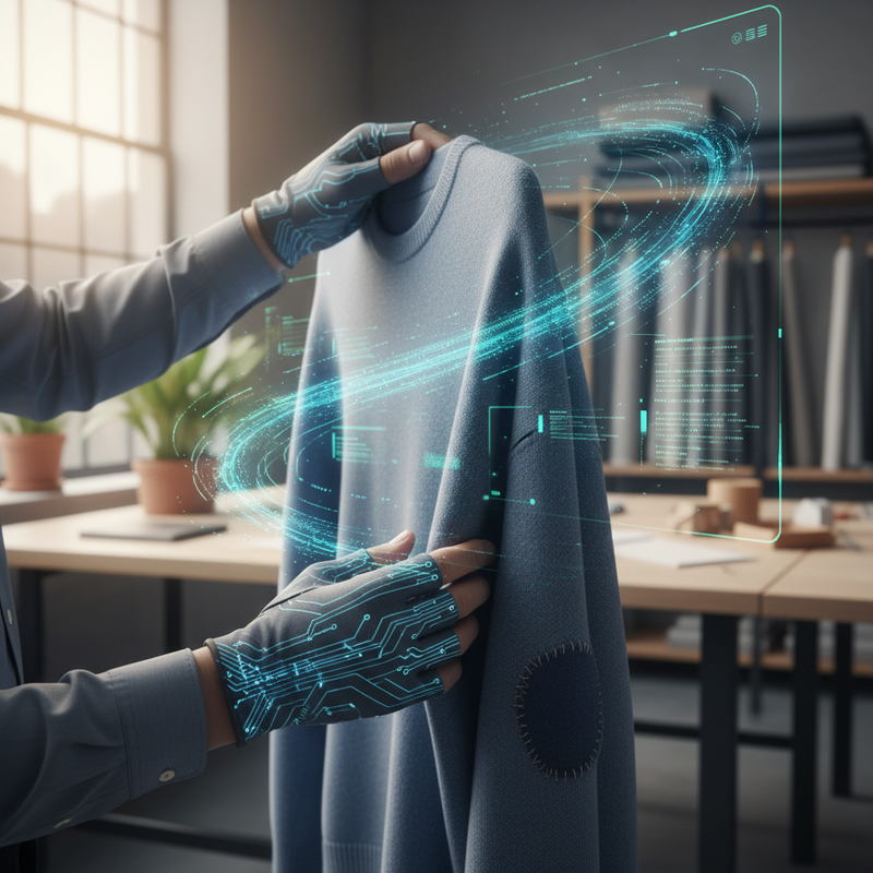 Een detailfoto toont handen die een zorgvuldig gerepareerd kledingstuk vasthouden. Op de achtergrond is een subtiel digitaal scherm te zien met gegevens die een productpaspoort en duurzaamheidstracering symboliseren.