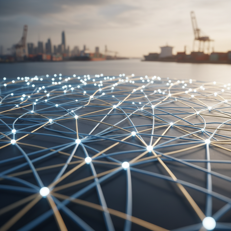 Een abstracte, fotografische weergave van een robuust en gloeiend netwerk van verbonden lijnen en knooppunten, symboliserend de wereldwijde voedselvoorzieningsketen en de economische stabiliteit die hierdoor wordt ondersteund. Op de achtergrond is een onscherpe moderne stad of haven zichtbaar.