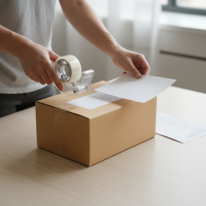Een close-up foto van handen die zorgvuldig een e-commerce pakket voor retour voorbereiden, inclusief het aanbrengen van een label en het sluiten van de doos.