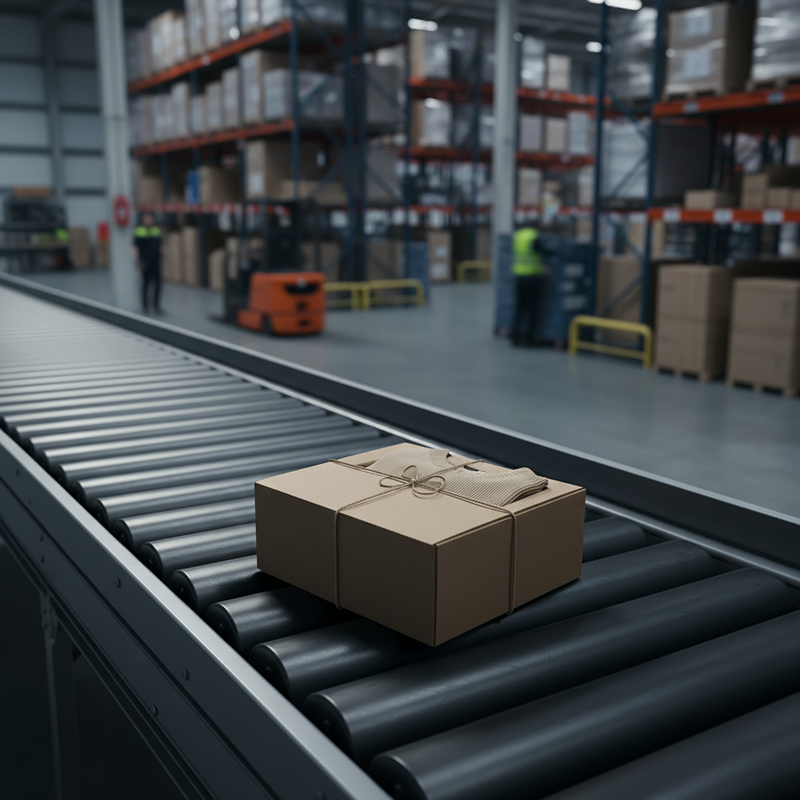 Een hoge hoek foto van een enkele, goed verpakte mode-artikel doos op een lopende band die zich uitstrekt in een wazige, uitgestrekte magazijnomgeving. Het beeld symboliseert de complexe en vaak verborgen logistieke reis van retourzendingen.