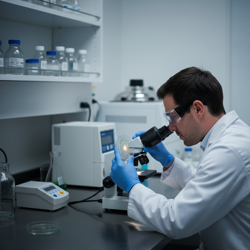 Een voedselwetenschapper met labjas en handschoenen onderzoekt een petrischaaltje in een modern laboratorium, omringd door geavanceerde apparatuur.