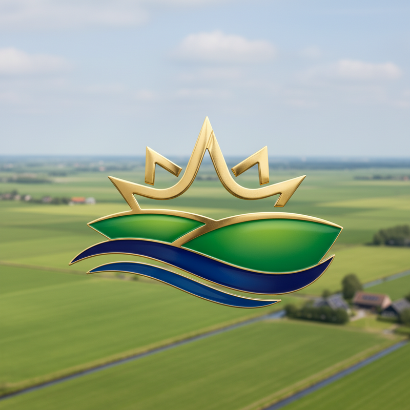 Een close-up van het FrieslandCampina-logo met de gestileerde gouden kroon, diepblauwe en groene kleuren en strakke witte letters. Op de achtergrond is een onscherpe afbeelding van een Hollands weidelandschap onder een blauwe lucht te zien.