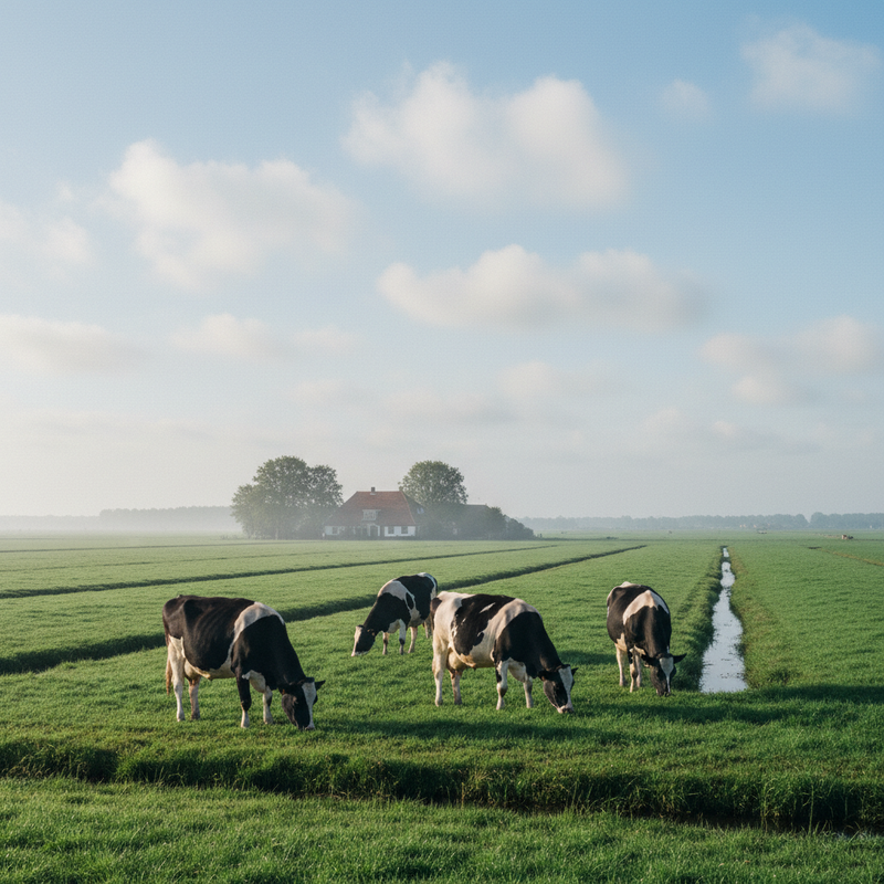 Een breed shot van een typisch Nederlands polderlandschap met grazende zwartbonte koeien in een groene weide, doorsneden door sloten. Een traditionele boerderij is vaag zichtbaar op de horizon onder een Hollandse wolkenlucht.