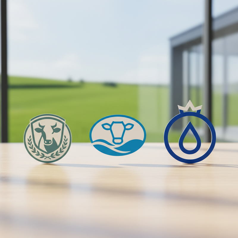 Een reeks van drie minimalistische logo-ontwerpen, geordend op een houten ondergrond, toont de visuele evolutie van een zuivelmerk. De ontwerpen variëren van traditioneel naar modern, met een achtergrond die agrarische velden en een stedelijke skyline combineert.