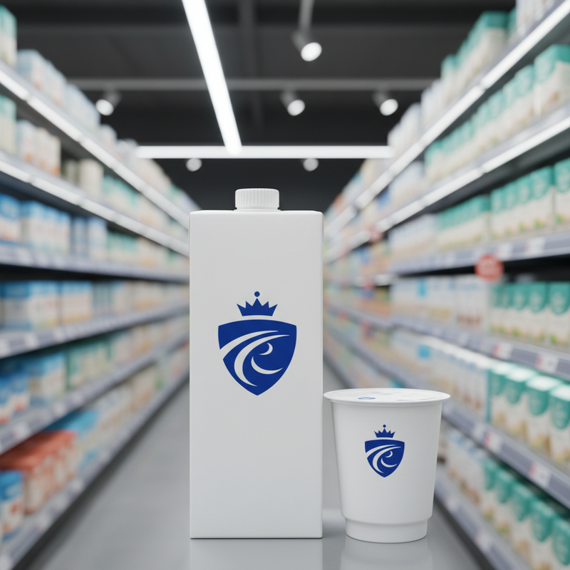 Een fotografische weergave van het FrieslandCampina-logo duidelijk zichtbaar op een productverpakking in een lichte supermarktgang, symboliserend betrouwbaarheid en wereldwijde aanwezigheid.