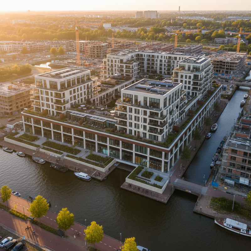 Modern Nederlands commercieel vastgoedgebouw met appartementencomplex in stedelijke omgeving bij zonsondergang