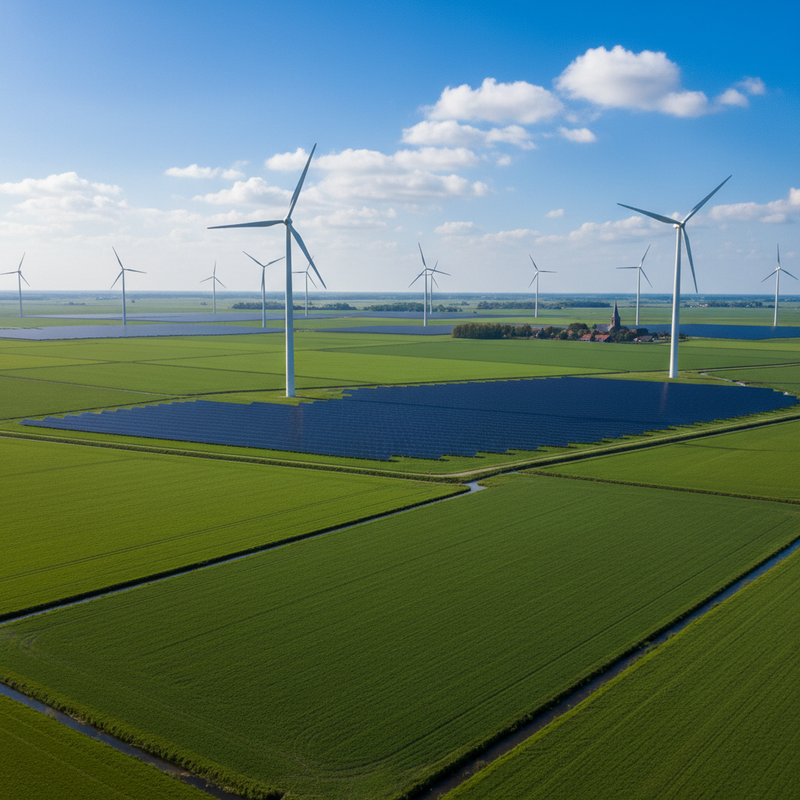 Wind turbines and solar panels in Dutch landscape representing sustainable climate tech investments