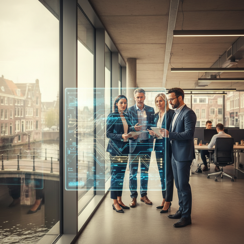 Bankprofessionals werken met digitale financiële data en AI-technologie in modern Amsterdams kantoor
