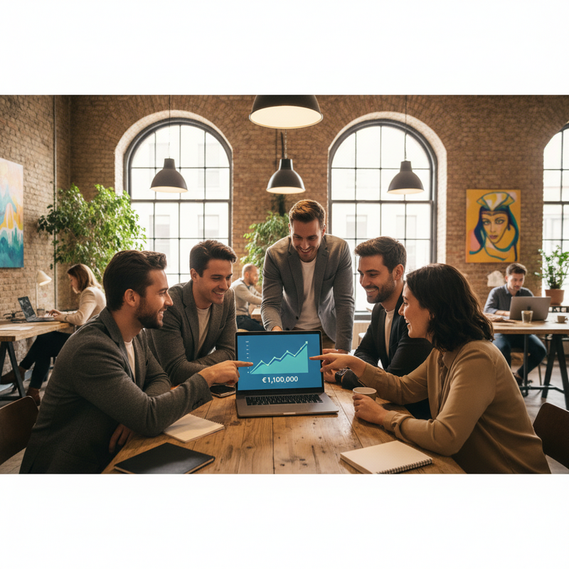 Ondernemers bekijken crowdfundingcampagne op laptop in Nederlandse co-working space