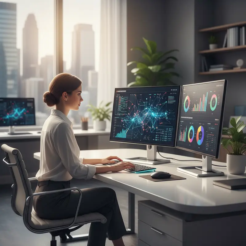 Financieel adviseur werkt met AI-gedreven dashboards en portfolio-analytics op computerschermen