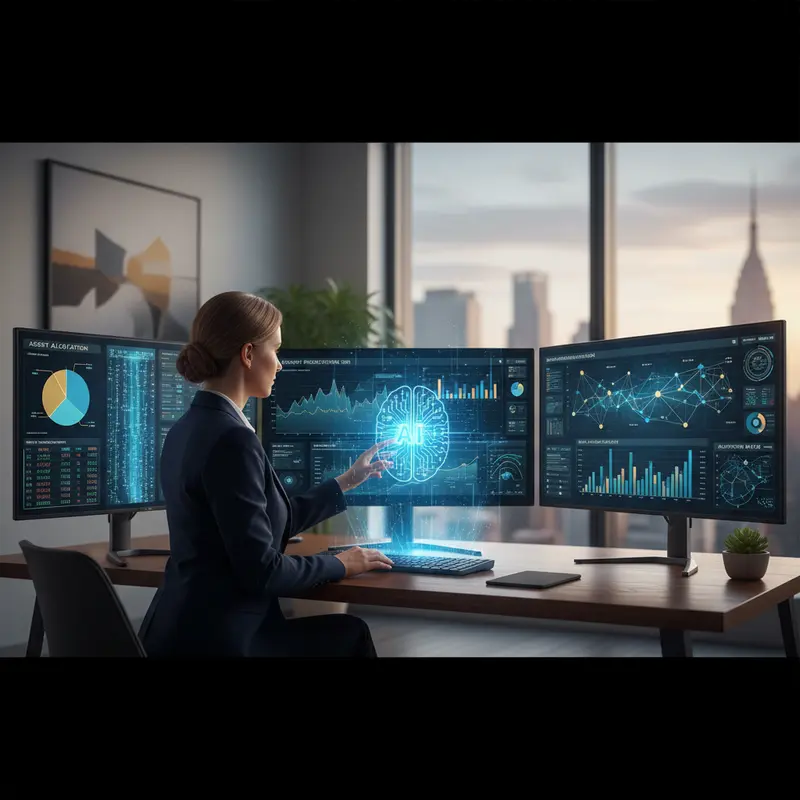 Financieel adviseur werkt met AI-aangedreven analytics op meerdere computerschermen in modern kantoor