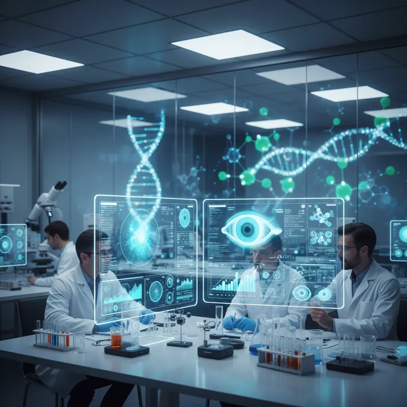 Biotech laboratorium met wetenschappers die oogtherapie onderzoeksdata analyseren op computerschermen