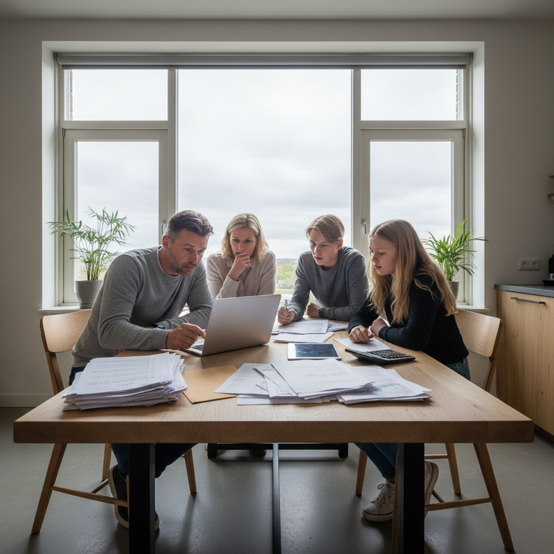 Familie bekijkt financiële documenten en budget op tafel met calculator en laptop