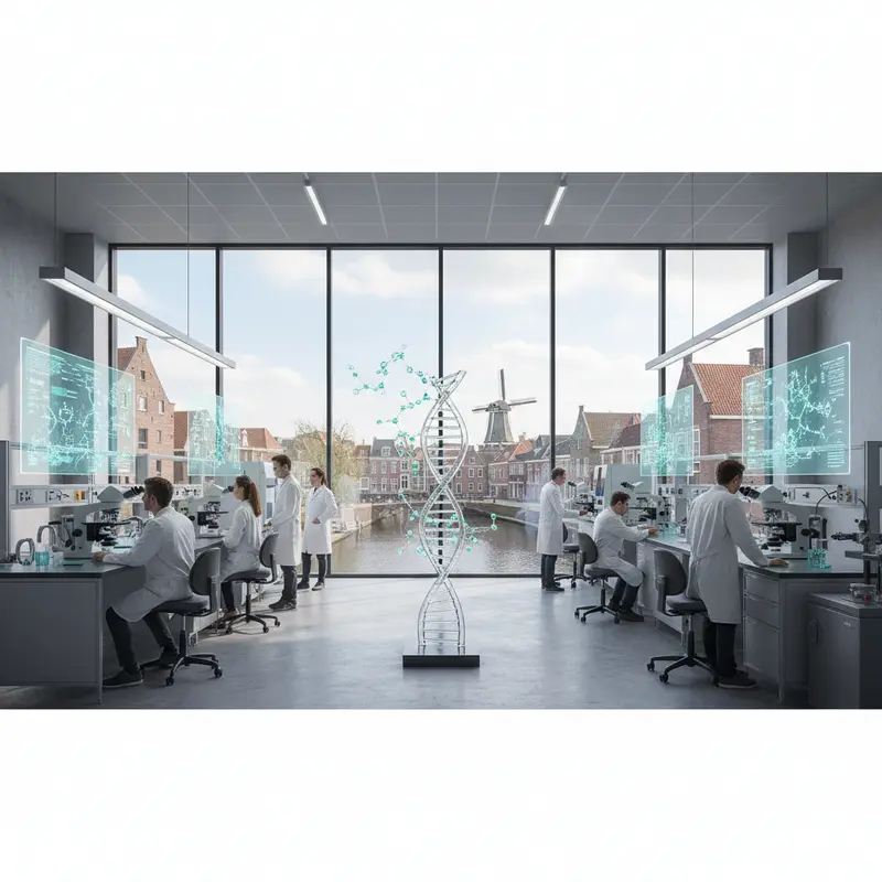 Modern biotech laboratorium met onderzoekers die werken aan geavanceerde apparatuur in Nederlandse setting