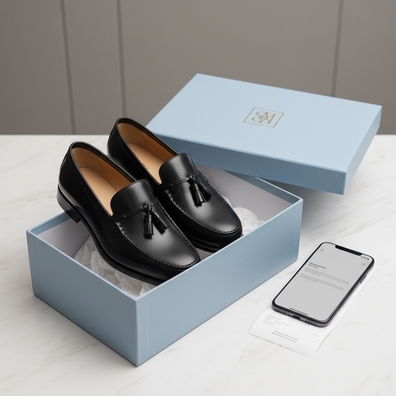 Een paar nieuwe, ongedragen bruine lederen loafers liggen netjes in hun originele Manfield schoenendoos. Ernaast ligt een papieren kassabon, symbool van de benodigde documentatie voor een retour. De achtergrond is egaal en licht.