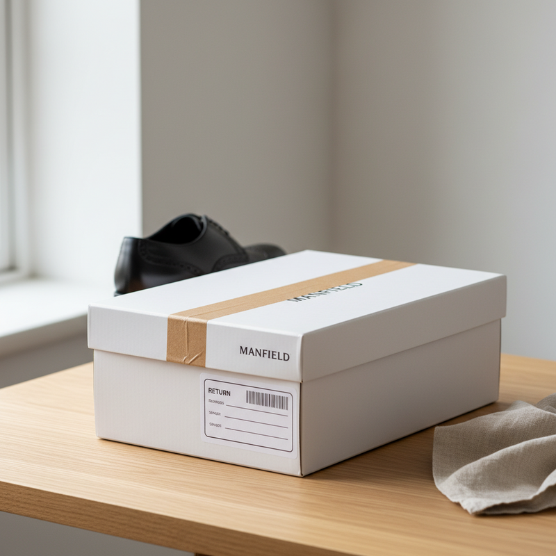 Een netjes ingepakte schoenendoos met een retourlabel op een minimalistische achtergrond, symboliseert een georganiseerde Manfield retourzending.