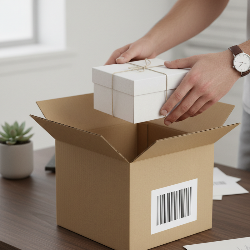 Close-up van handen die voorzichtig een schoenendoos in een verzenddoos plaatsen, met een retourlabel zichtbaar.
