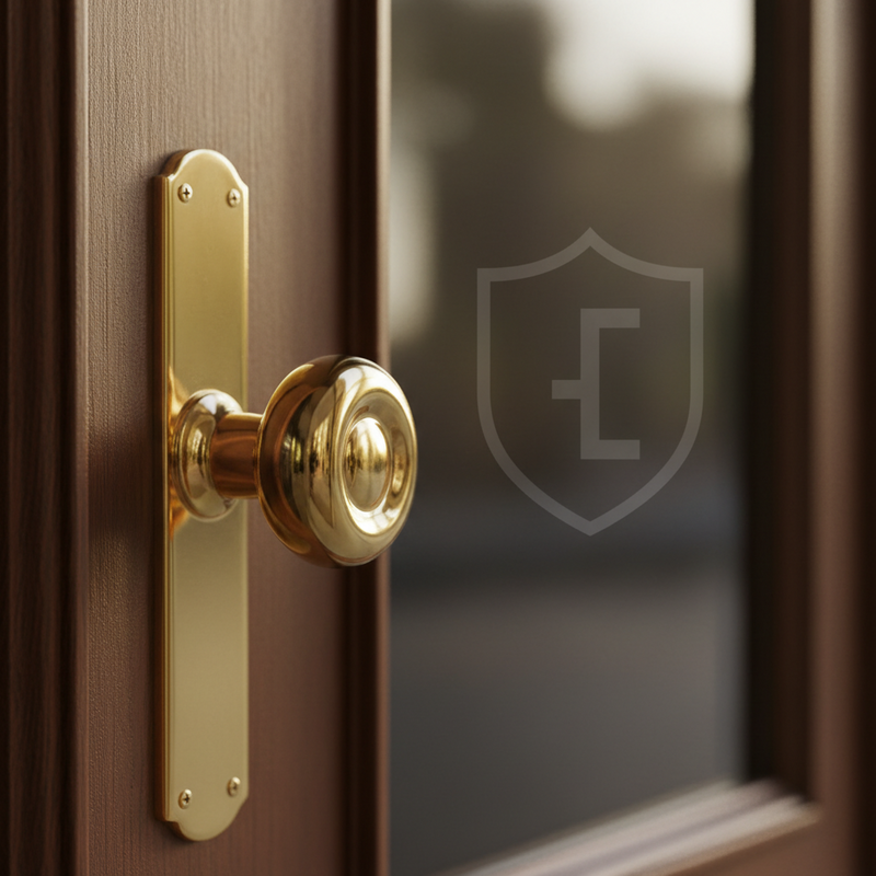 Gepolijste messing deurknop op een zware houten deur, met op de achtergrond een subtiel watermerk van een klassiek, elegant bedrijfslogo. De afbeelding symboliseert erfgoed, kwaliteit en betrouwbaarheid.