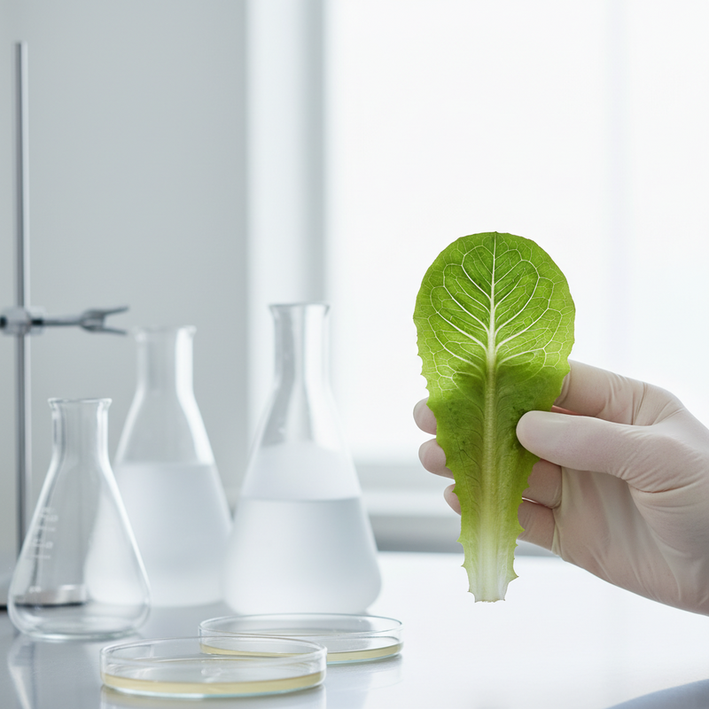 Een heldere, professionele foto toont een gloved hand die voorzichtig een stuk verse, groene sla inspecteert in een schone, moderne laboratoriumomgeving. Op de achtergrond zijn vage glazen containers te zien, wat innovatie in voedseltechnologie suggereert.