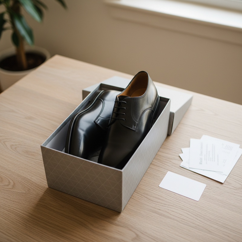 Een paar ongedragen, elegante lederen schoenen ligt naast een onbeschadigde originele schoenendoos op een houten tafel, klaar om netjes te worden ingepakt voor retour. Een retourlabel ligt erbij.