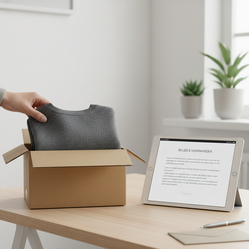 Een hand plaatst een retourproduct zorgvuldig in een pakketdoos, naast een tablet met een retourbeleid, symboliserend efficiëntie en financieel overzicht.