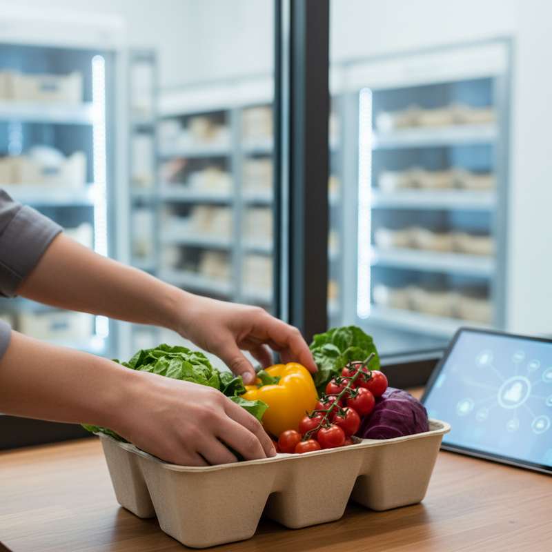 Een close-up van verse, diverse groenten in milieuvriendelijke verpakkingen, met op de achtergrond een modern koelhuis en suggesties van digitale technologie, wat Primeale United's focus op duurzaamheid en innovatie van boer tot consument symboliseert.