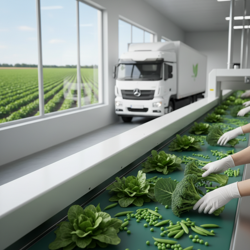 Een beeld van de voedselketen van Primeale United, met verse groenten die worden gesorteerd op een lopende band, groene velden op de achtergrond en een gekoelde vrachtwagen klaar voor transport.