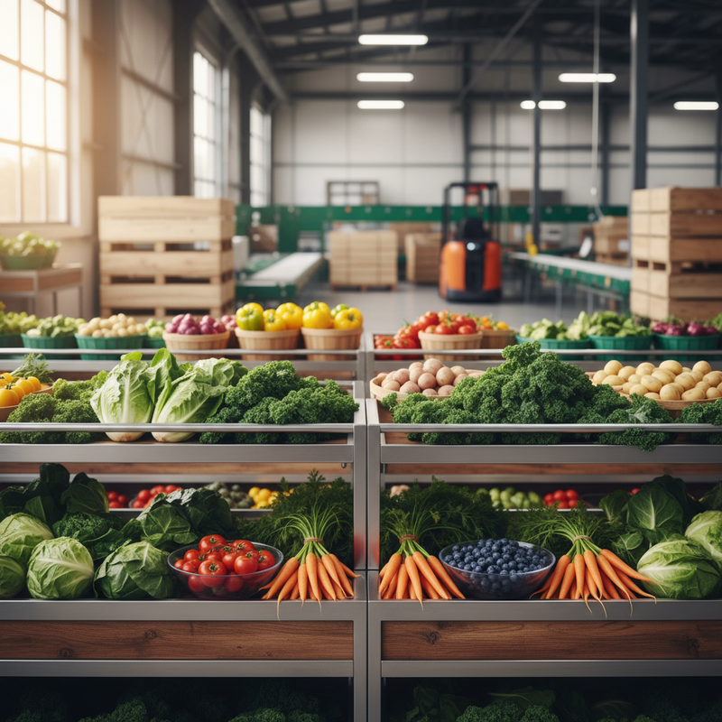 Een fotografie van een logistiek centrum waar grote hoeveelheden verse groenten en fruit, zoals sla, wortelen, tomaten en bessen, netjes op pallets en in rekken liggen, klaar voor transport. De focus ligt op de heldere kleuren en de versheid van de producten.