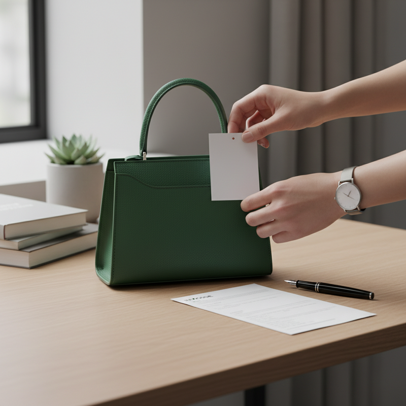 Een bovenaanzicht van een bureau met een elegant lederen artikel, een retourlabel, een factuur en een pen. Handen zijn bezig met het aanbrengen van het label, wat zorgvuldigheid en organisatie uitstraalt.