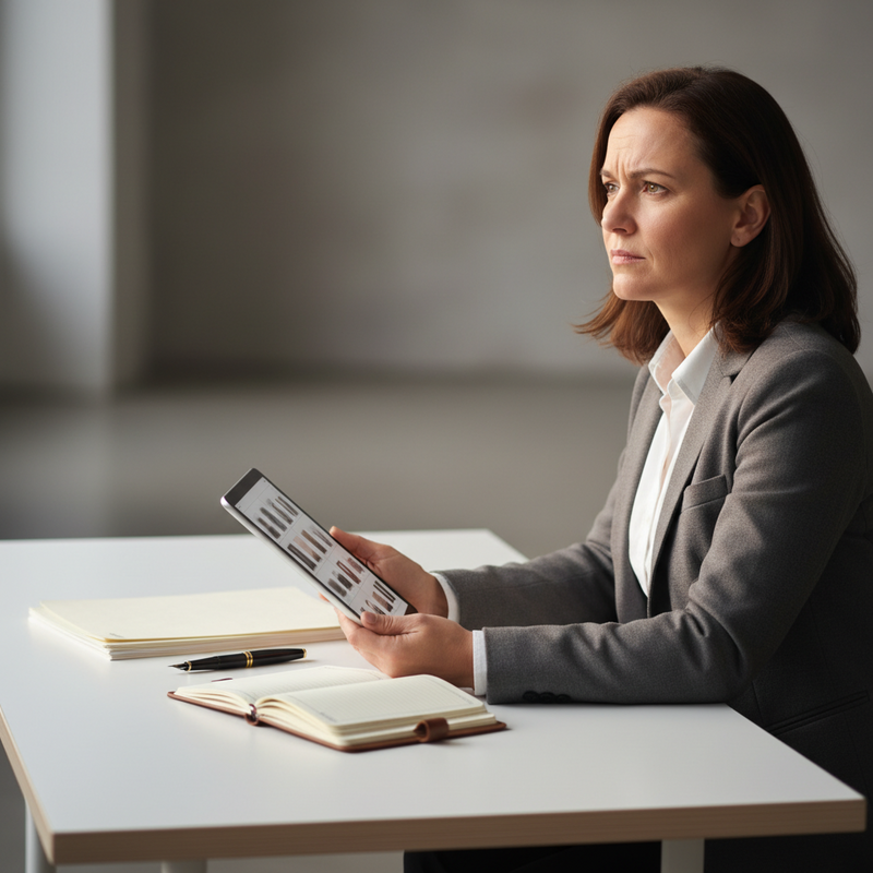 Een geconcentreerde persoon zit aan een bureau en kijkt naar een scherm, wat diepe overweging van een aankoop symboliseert.