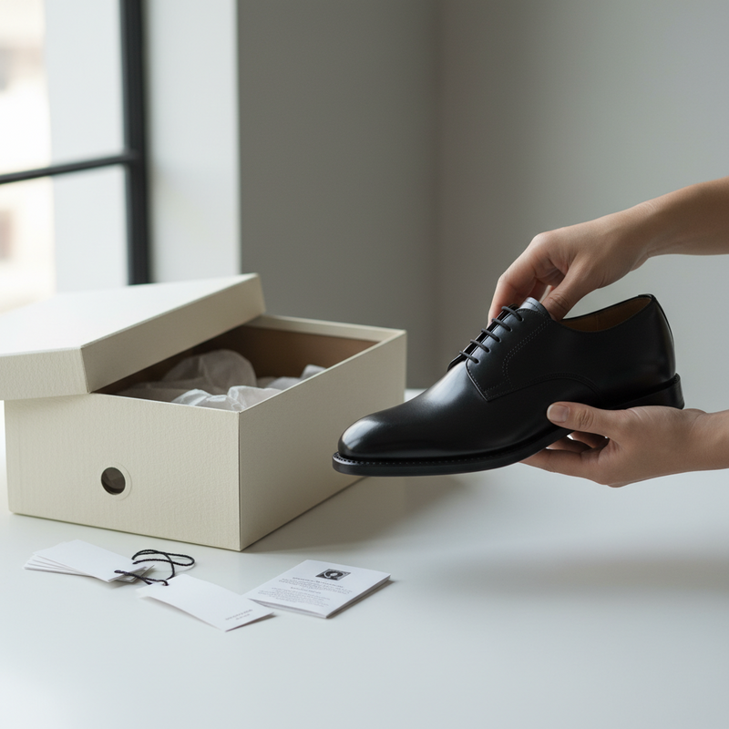 Close-up van handen die zorgvuldig een nieuw, onbeschadigd kledingstuk inspecteren, naast een geopende kartonnen doos en labels op een lichte achtergrond. Dit illustreert de strategie van directe productcontrole en het bewaren van verpakkingsmaterialen bij het retourneren van een aankoop.