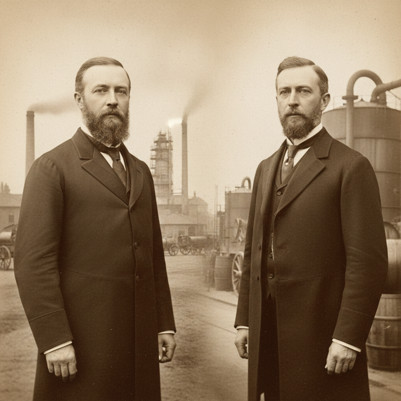 Een sepia-getinte foto van twee mannen uit de 19e eeuw, Henry Tate en Abram Lyle. Tate staat met een suikerraffinaderij op de achtergrond. Lyle staat met een stroopfabriek op de achtergrond. Beide mannen dragen formele kleding en kijken zelfverzekerd. Het beeld symboliseert de oorsprong van de suikerindustrie.