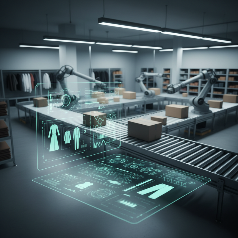 Een conceptuele afbeelding van een futuristische interface met holografische data over modeartikelen en logistiek, op de achtergrond wazige geautomatiseerde sorteersystemen.