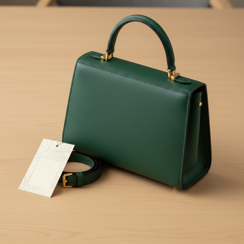 Een hoogwaardige, diepgroene leren handtas ligt op een gepolijste houten tafel, met ernaast een elegant papieren label, wat duidt op een weloverwogen retourproces en waardebescherming.