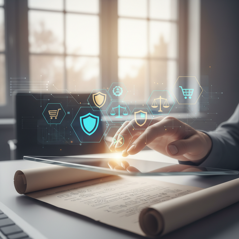 Een detailopname van handen die een juridisch document bestuderen of een digitale overeenkomst op een tablet beoordelen, omringd door symbolen van financiële veiligheid en wetgeving.