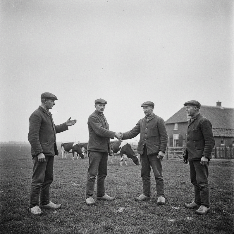 Historische zwart-witfoto van Nederlandse boeren die elkaar de hand schudden op een veld, symbolisch voor de vorming van een zuivelcoöperatie.