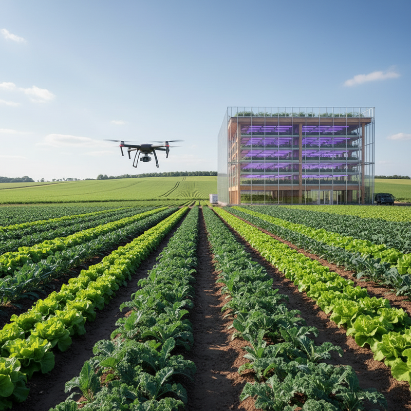 Een breed landschapsbeeld van een moderne boerderij. Op de voorgrond zijn gewassen te zien met elementen van precisielandbouw. Op de middengrond staat een strakke, verticale boerderij en op de achtergrond zijn weelderige groene velden onder een heldere lucht, wat duurzame voedselproductie en technologische vooruitgang symboliseert.