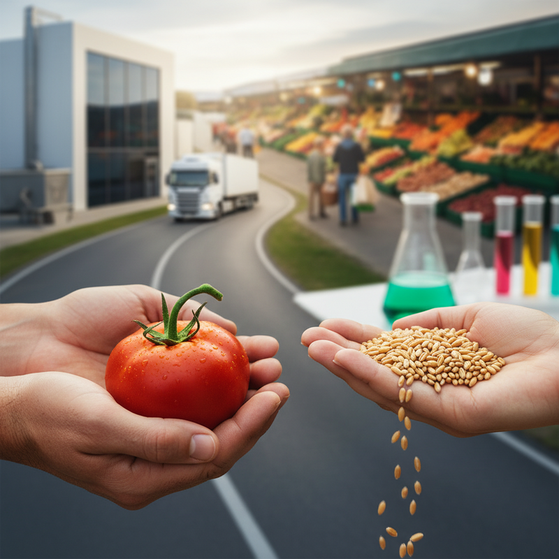 Een close-up van diverse handen die verse groenten of granen vasthouden, met op de wazige achtergrond elementen die een voedselfabriek, een vrachtwagen en een markt tonen, illustrerend de breedte van de Food & Agri sector.