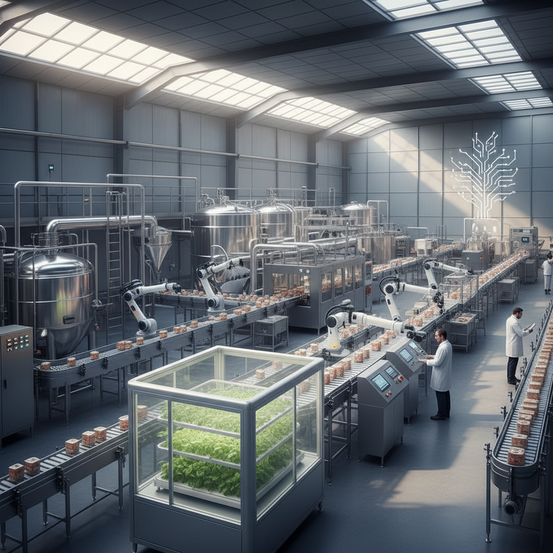 Een overzichtsfoto van een moderne, schone voedselverwerkingsfabriek. Er zijn geautomatiseerde machines en transportbanden te zien. De fabriek straalt efficiëntie en geavanceerde technologie uit.