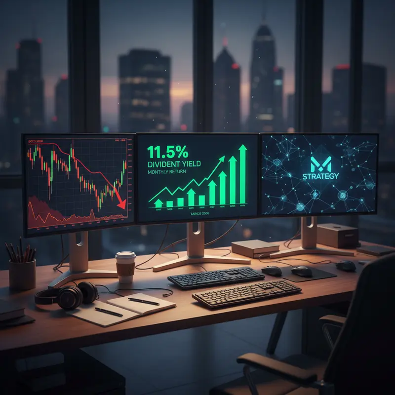 Financial dashboard showing Bitcoin price charts and Strategy STRC preferred dividend increase to 11.5 percent