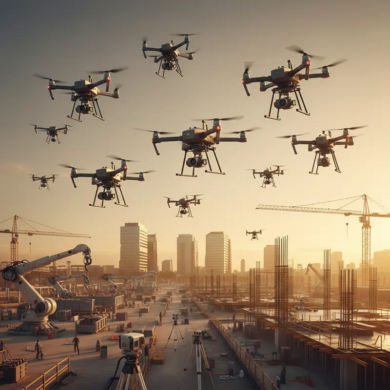 Commerciële drones vliegen boven engineering-locaties met moderne kantoorgebouwen, representatief voor ZenaTech's Drone as a Service expansiestrategie