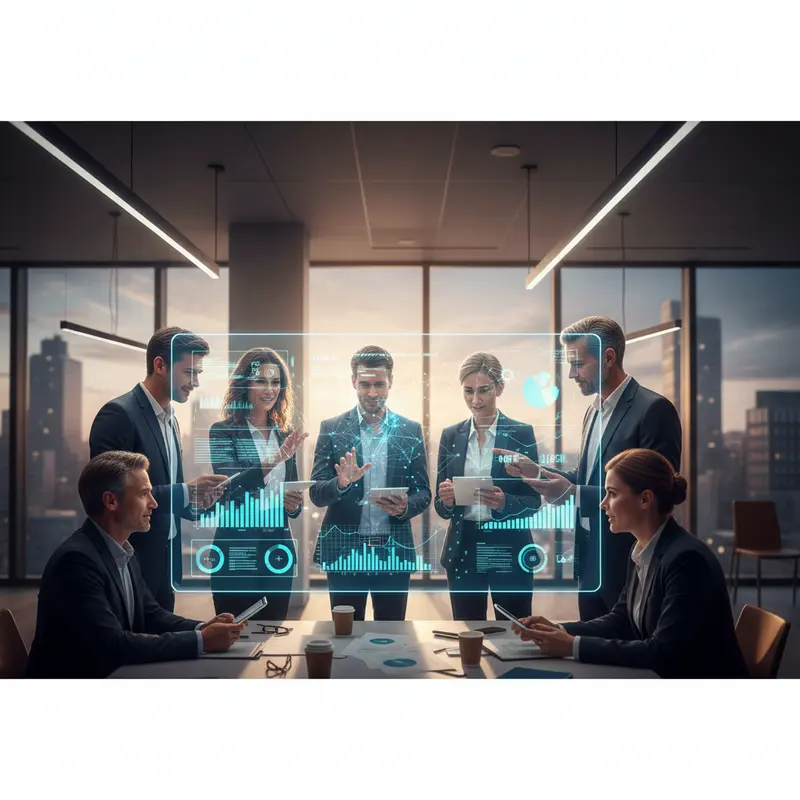 Divers zakelijk team werkt samen aan digitale dashboards in modern Nederlands kantoor