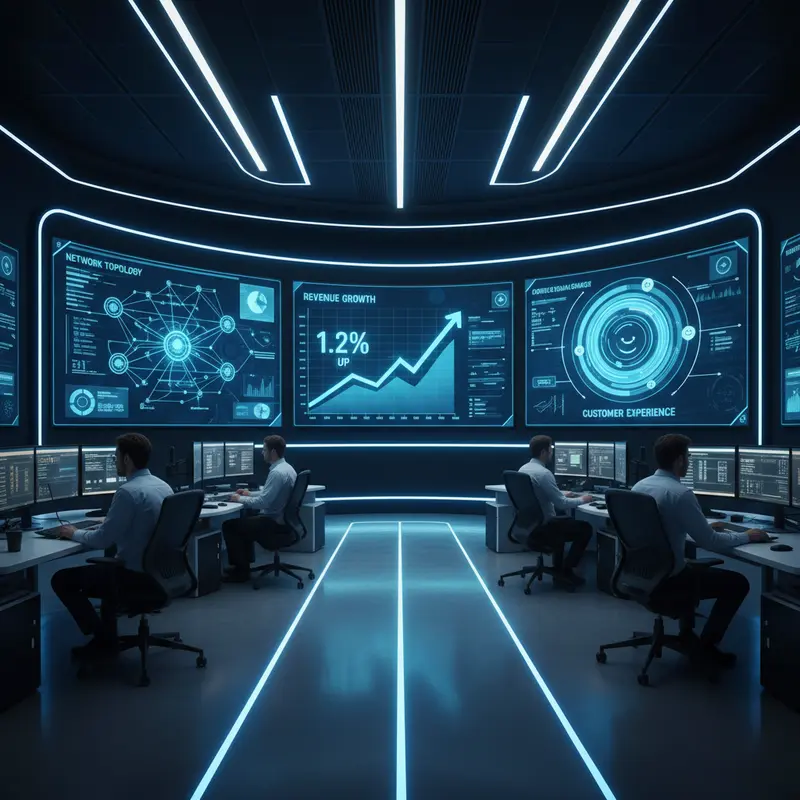 Telecom operations center met AI-dashboards en netwerkdata-visualisaties die klantervaring en omzetgroei tonen
