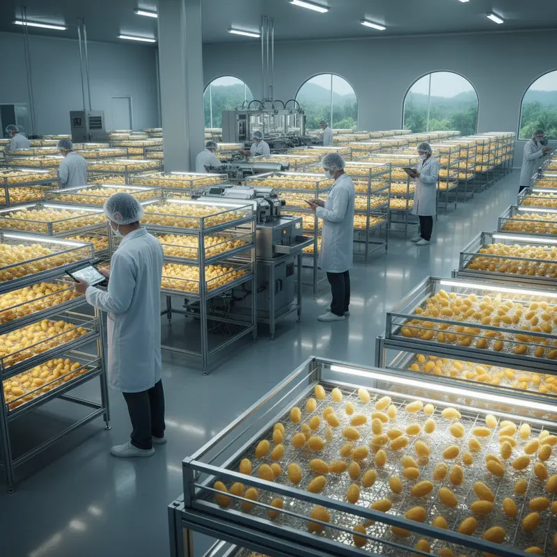 Biotech productiefaciliteit met zijderupstrays en wetenschappers die spinnenzijdeproductie monitoren