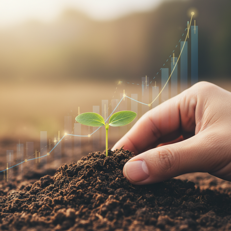 Een close-up van een hand die een klein groen plantje met aarde vasthoudt, met een subtiel, wazig digitaal overlay-effect van een financiële grafiek op de achtergrond, wat de groei en investeringskansen in de landbouwsector symboliseert.