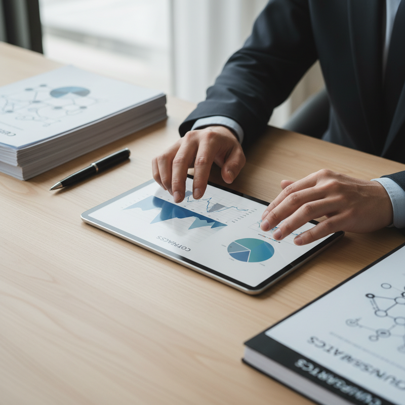 Een investeerder die een financieel rapport op een tablet aandachtig bestudeert, met documenten zoals een contract en businessplan op de achtergrond, symboliseert diepgaande due diligence.