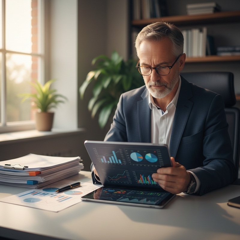 Een persoon zit geconcentreerd aan een bureau en kijkt naar financiële data op een tablet, met fysieke documenten ernaast, wat het combineren van digitale en traditionele due diligence methoden symboliseert.